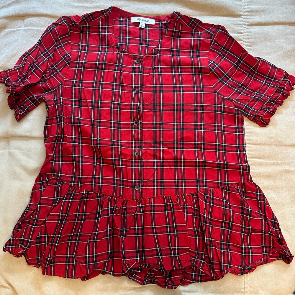 Madewell Tartan Short Sleeve Button Blouse Size XSmall